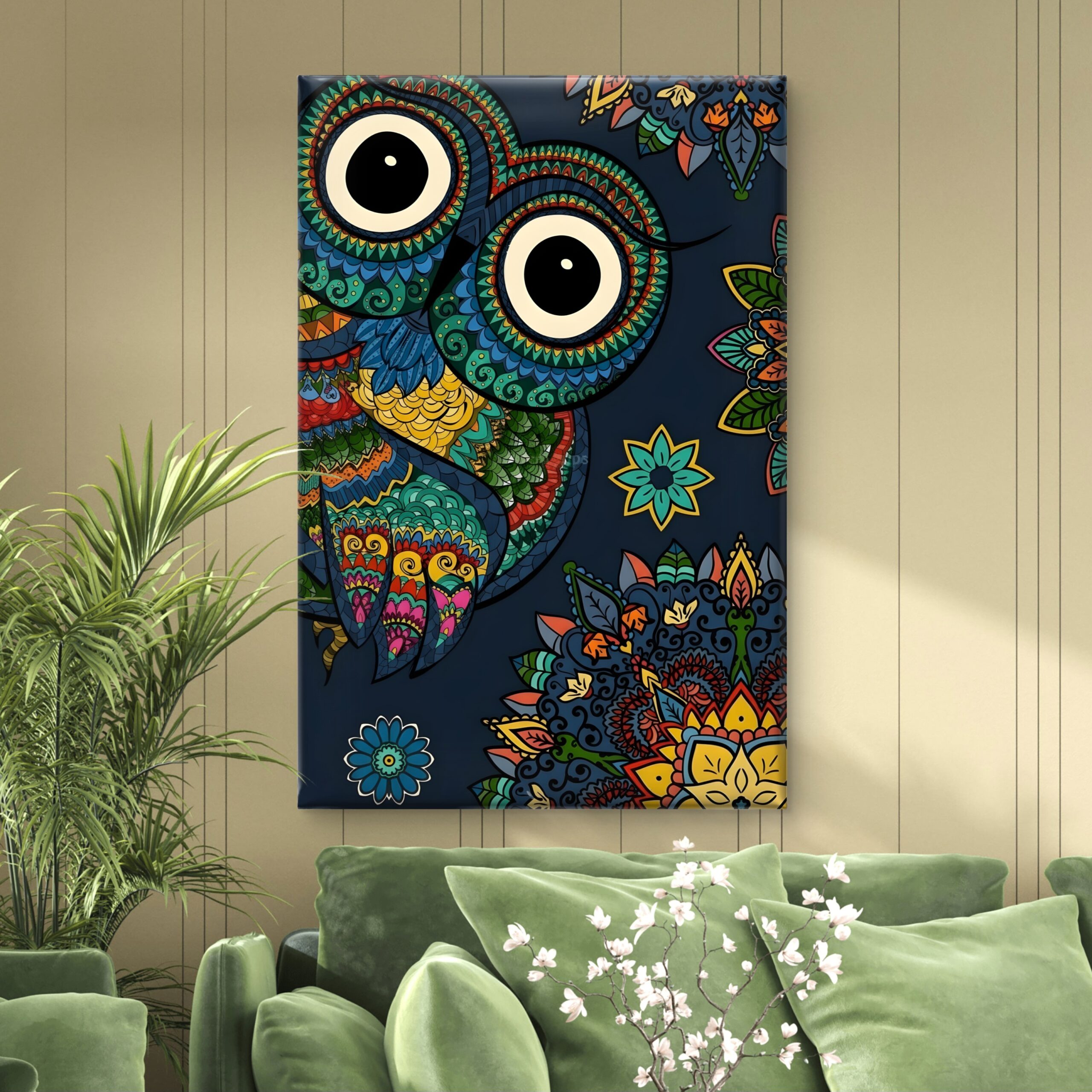SAF Colorful Mandala Owl Canvas Wall Art Boho Abstract Animal Painting Print Intricate Floral Zentangle Decor for Kids Room Bedroom Living Area Vibrant Navy Blue Poster - Image 4