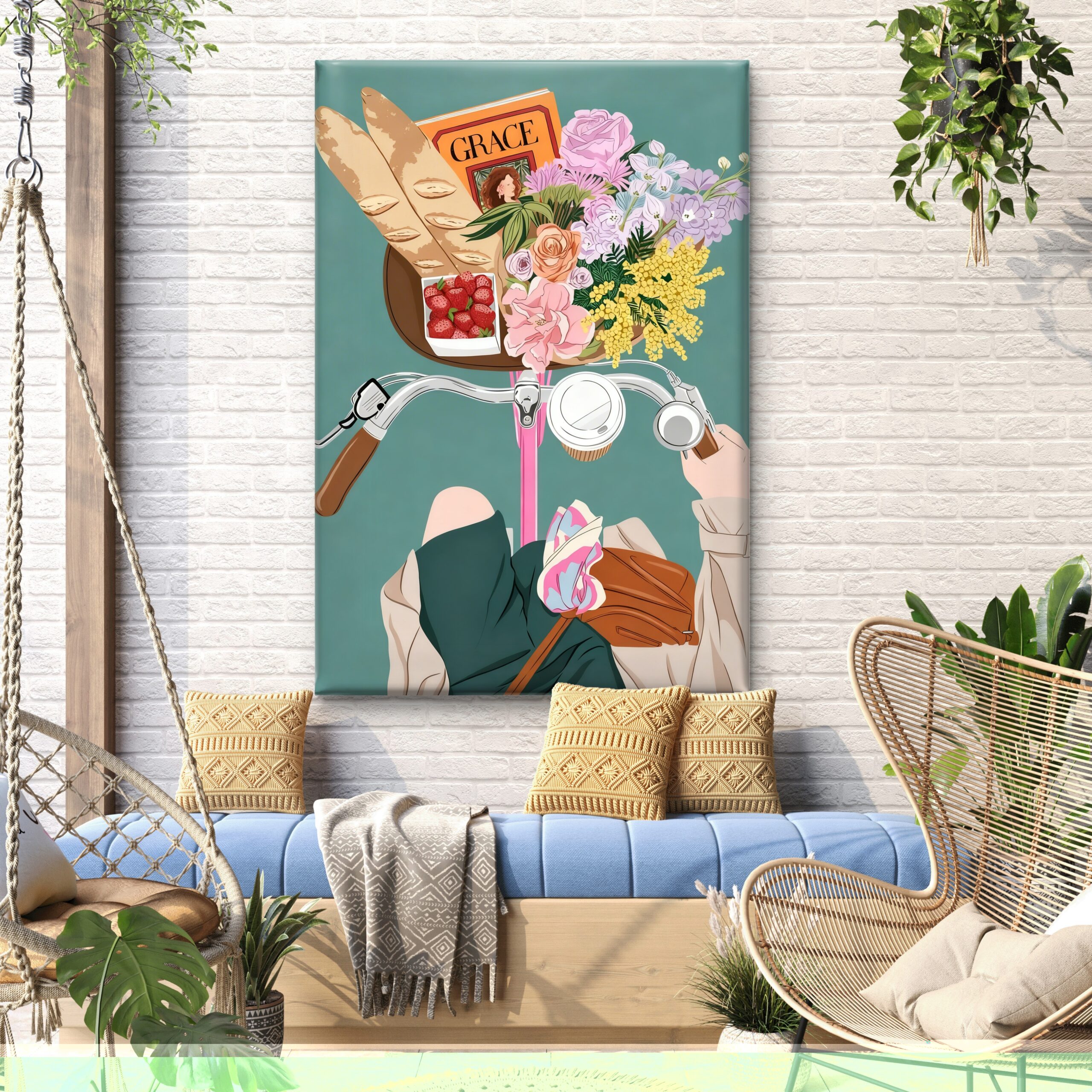 SAF Chic French Bicycle Canvas Wall Art Pastel Floral Bouquet Baguette Illustration Print Parisian Aesthetic Trendy Decor for Bedroom Dorm Kitchen Teen Girl Room Poster - Image 4