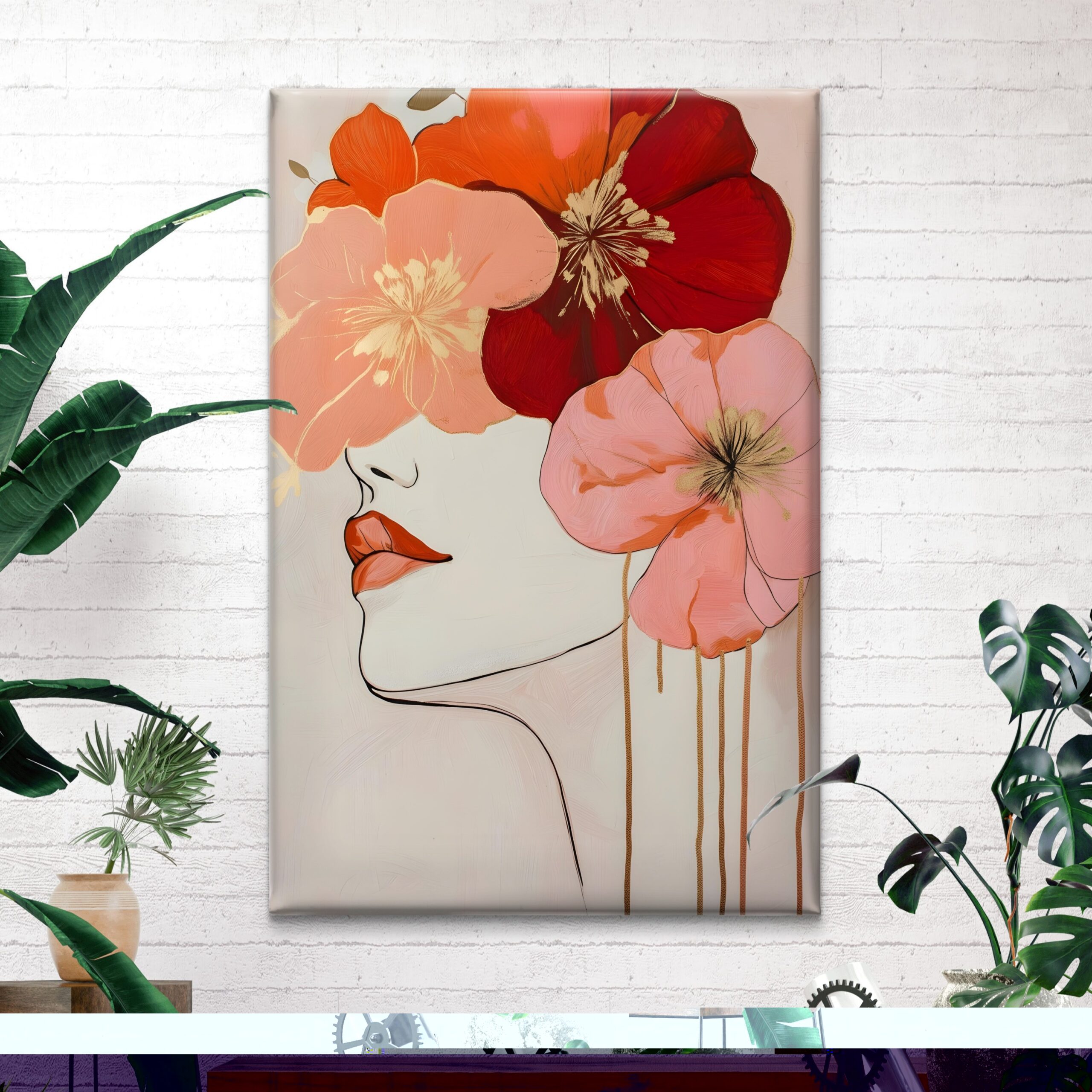 SAF Abstract Floral Woman Face Canvas Wall Art Boho Minimalist Line Art Portrait Painting Print Pink Red Flowers Modern Feminine Decor for Bedroom Living Room Dorm - Image 4