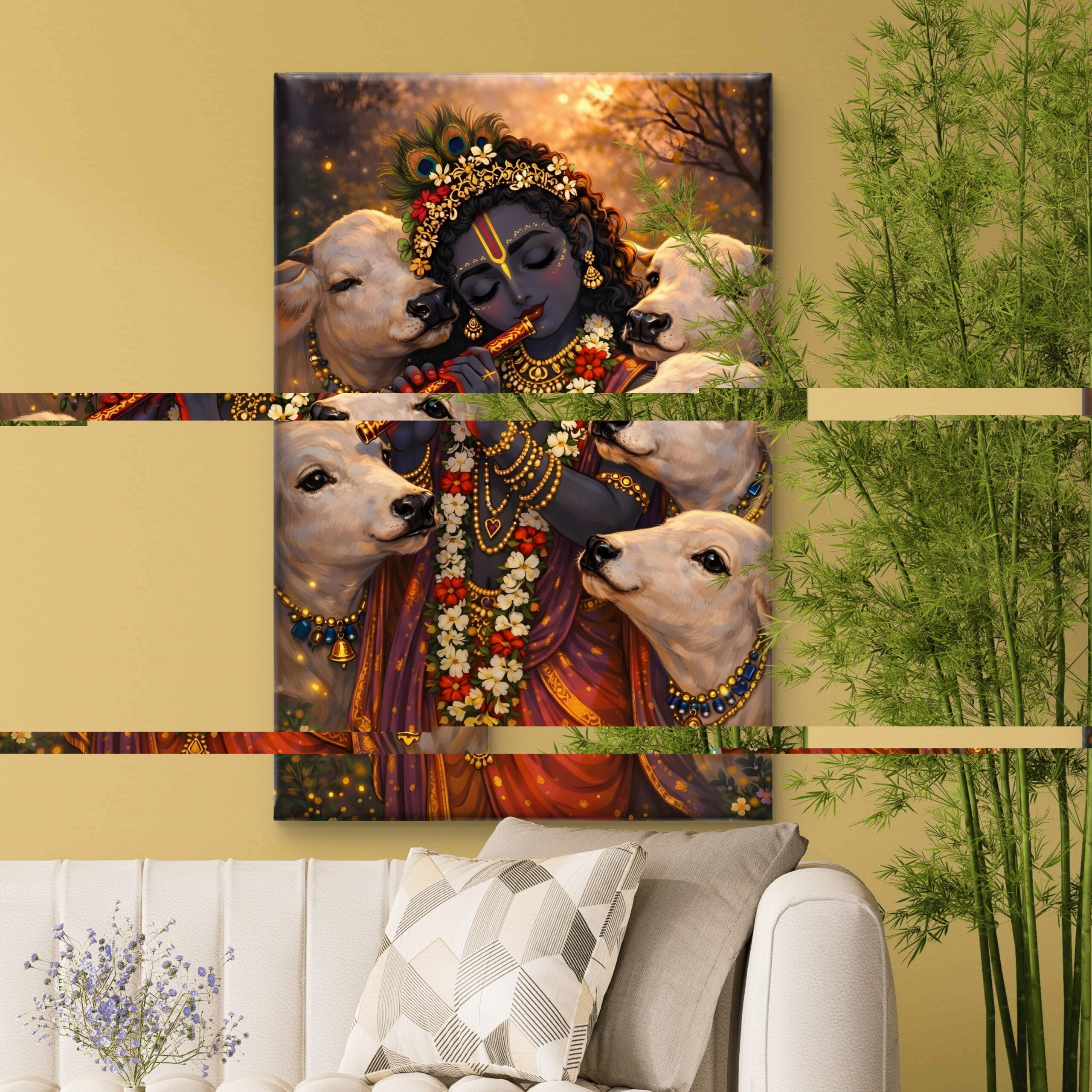 SAF Divine Lord Krishna Playing Flute with Cows Canvas Wall Art Spiritual Hindu Deity Painting Print for Puja Room Living Room Bedroom Religious Home Decor - Image 4