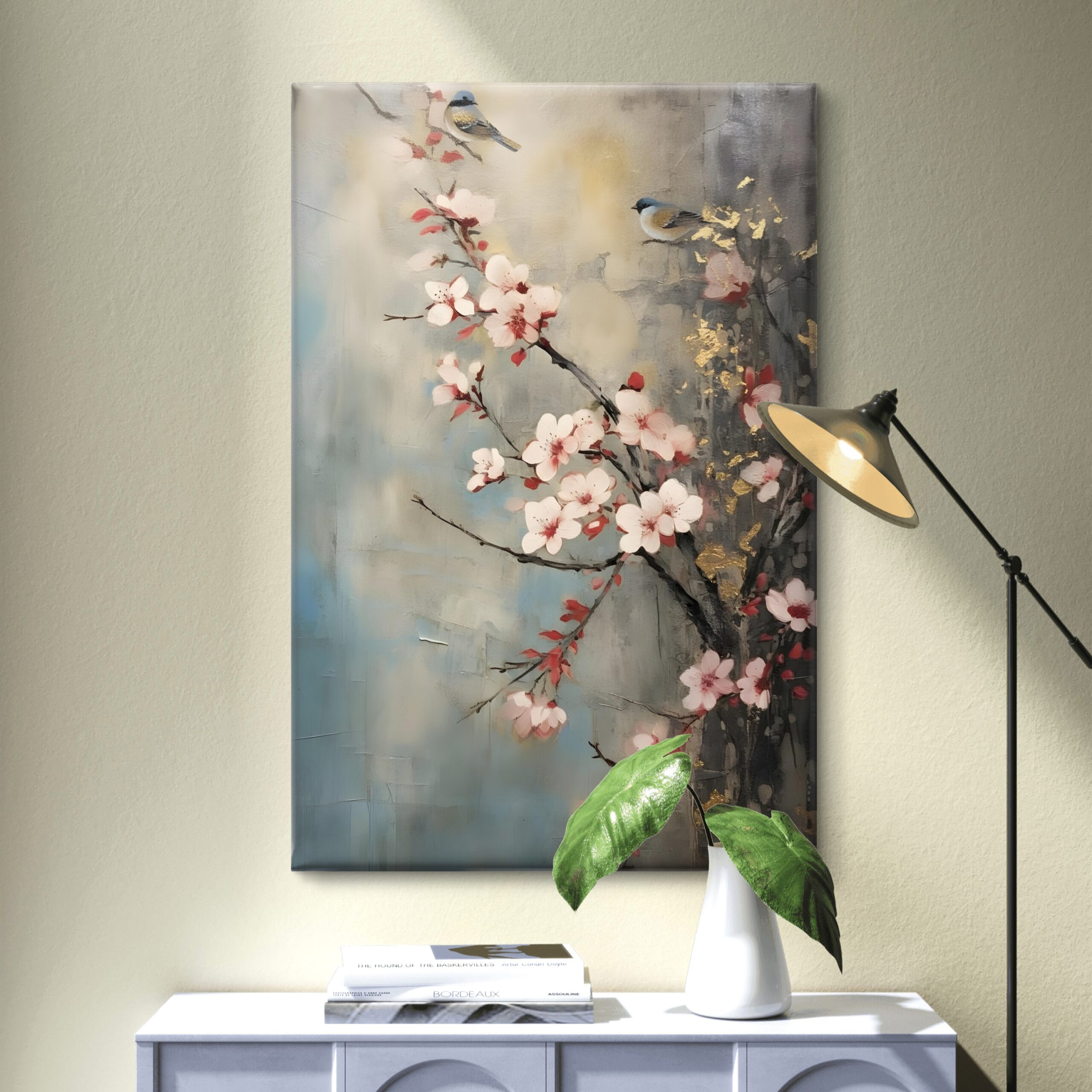 SAF Japanese Cherry Blossom Canvas Wall Art Pink Sakura Flowers with Birds 3D Textured Oil Painting Print Grey and Gold Asian Decor for Living Room Bedroom Modern Nature Poster - Image 4