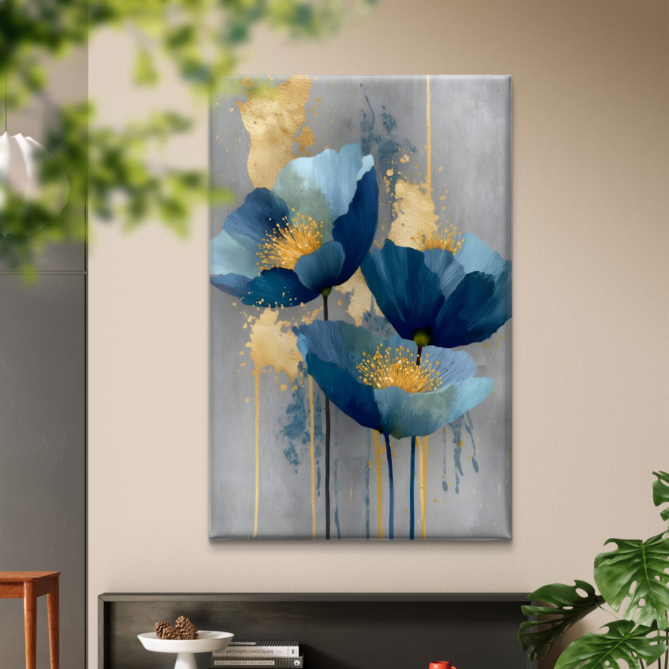 SAF Abstract Blue Poppy Canvas Wall Art Modern Floral Oil Painting Print Grey and Gold Textured Decor for Living Room Bedroom Large Botanical Flower Scenery Poster for Home - Image 4