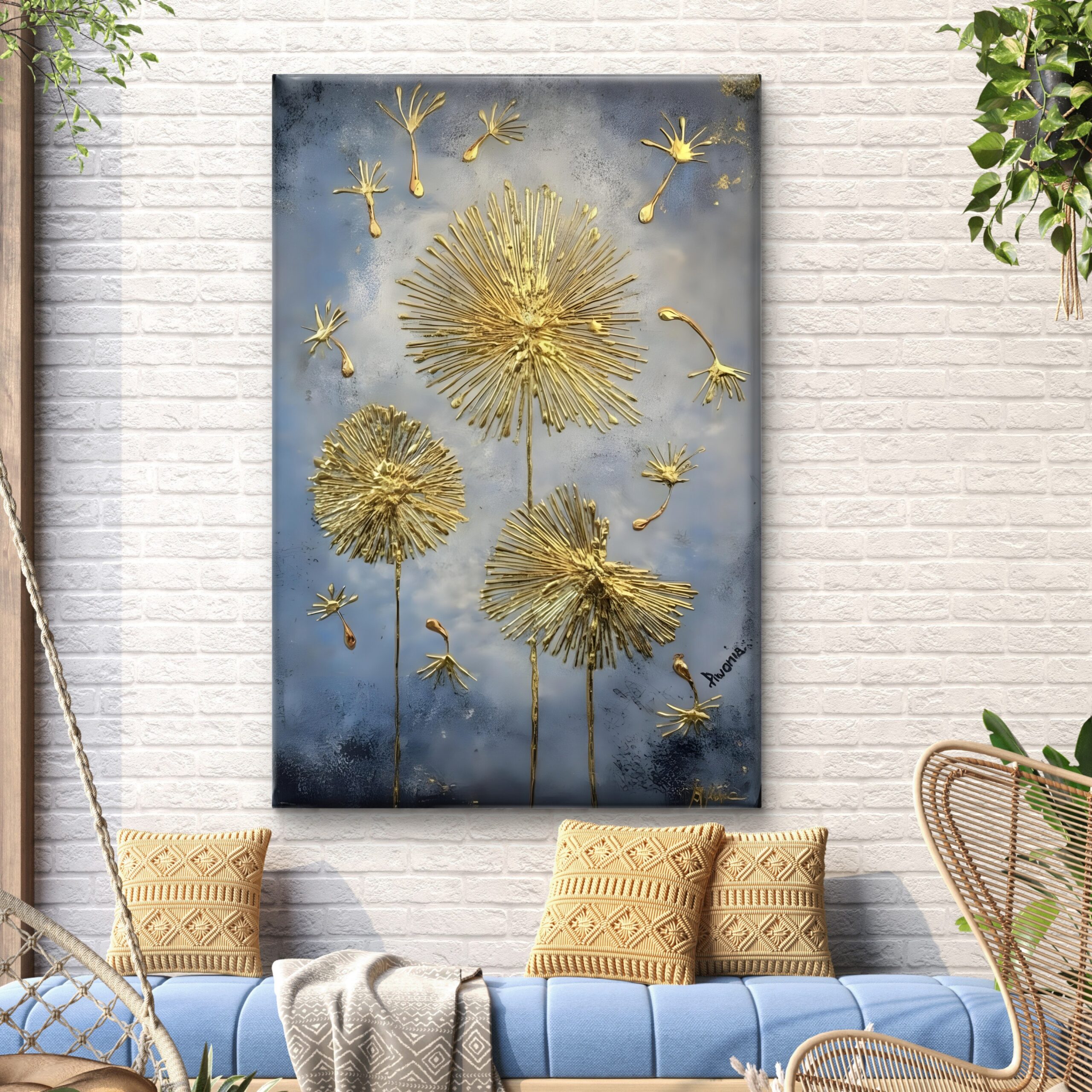 SAF Luxury 3D Gold Dandelion Canvas Wall Art Abstract Textured Floral Painting Print Blue and Silver Grey Decor for Living Room Bedroom Modern Botanical Flower Scenery Poster - Image 4