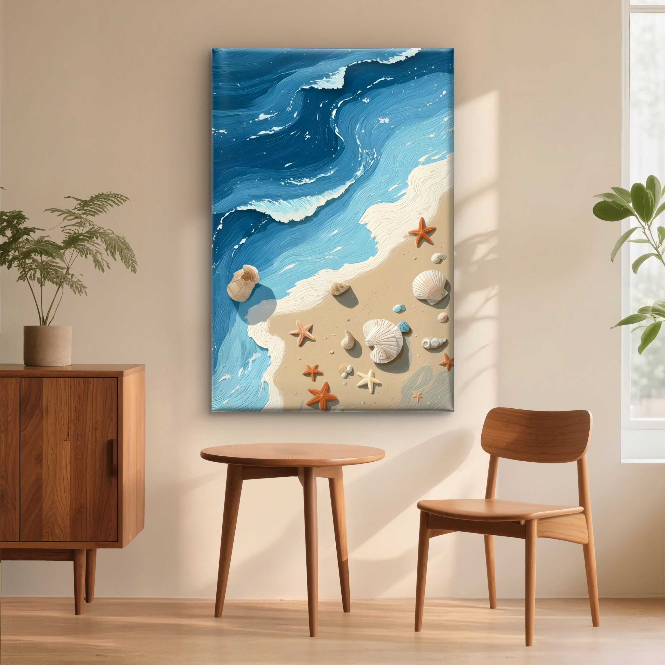 SAF 3D Textured Beach Canvas Wall Art Blue Ocean Waves with Starfish and Seashells Oil Painting Print Coastal Shoreline Decor for Living Room Bedroom Office Seaside Poster - Image 4
