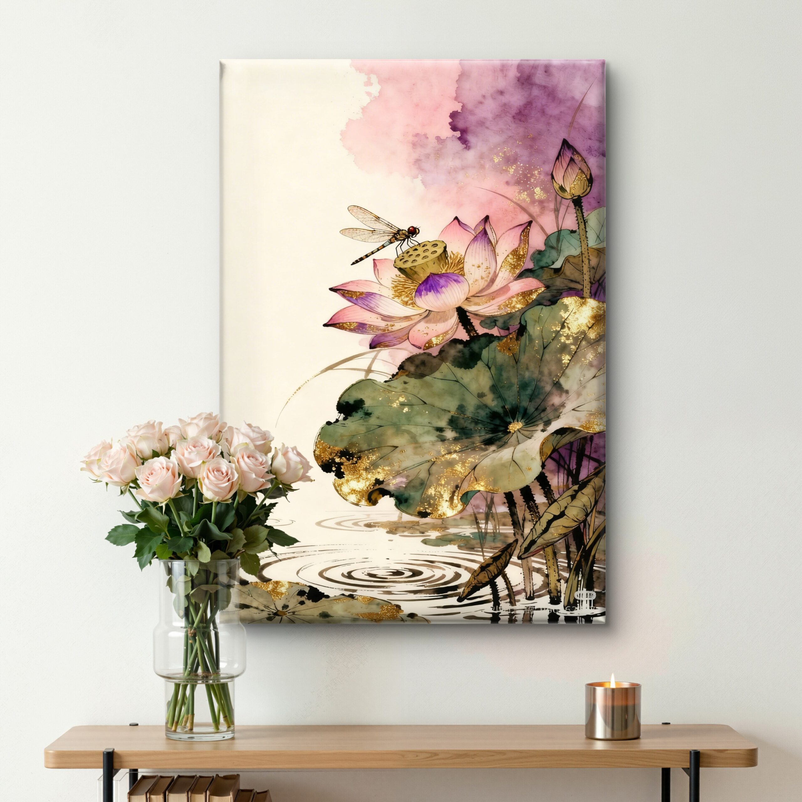 SAF Elegant Dragonfly and Lotus Flower Canvas Wall Art Pink Floral Watercolor Painting Print with Gold Accents Zen Botanical Decor for Living Room Bedroom Meditation Room Poster - Image 4