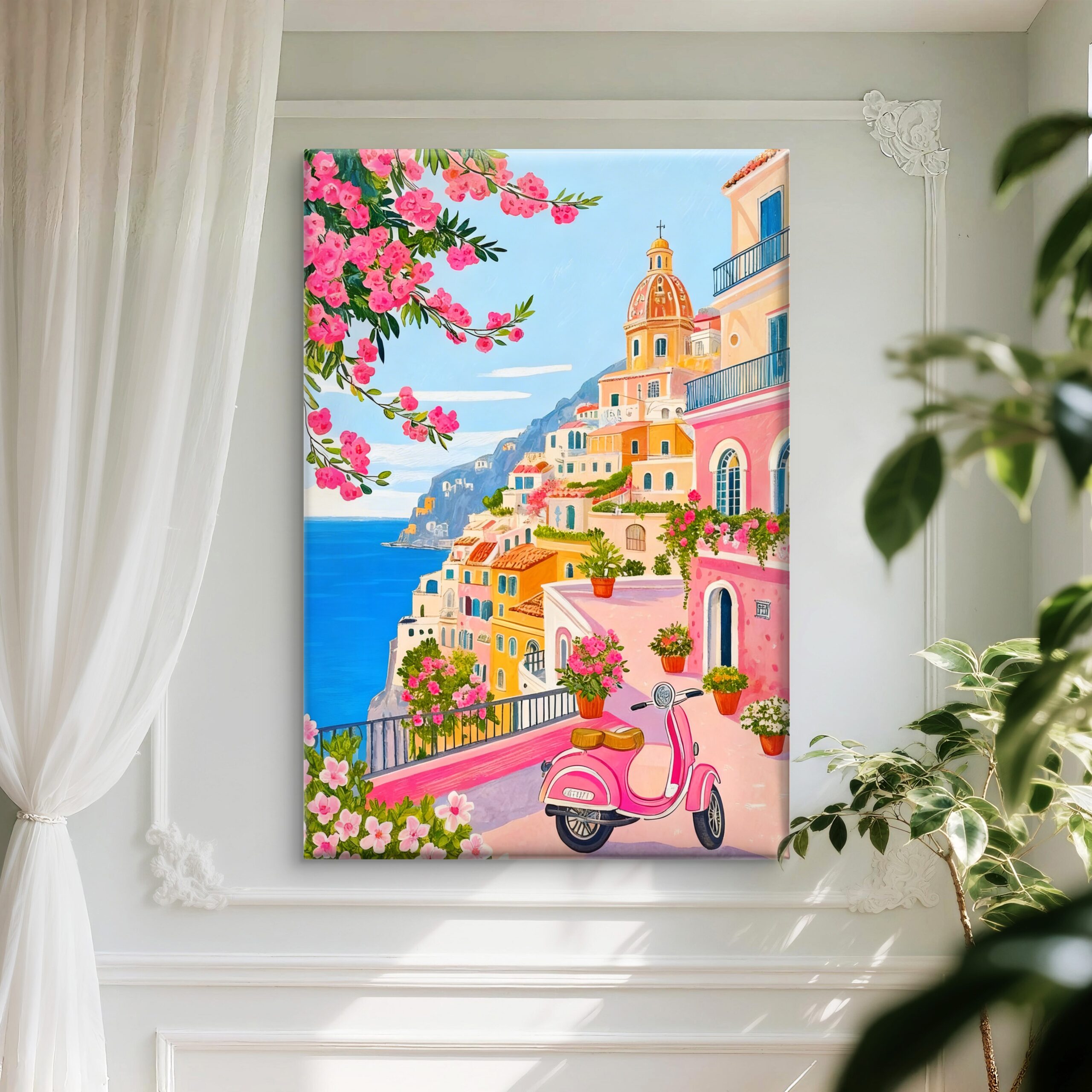 SAF Amalfi Coast Italy Canvas Wall Art Colorful Mediterranean Coastal Village Painting Print Pink Scooter Ocean View Travel Landscape Poster for Living Room Bedroom Decor - Image 4