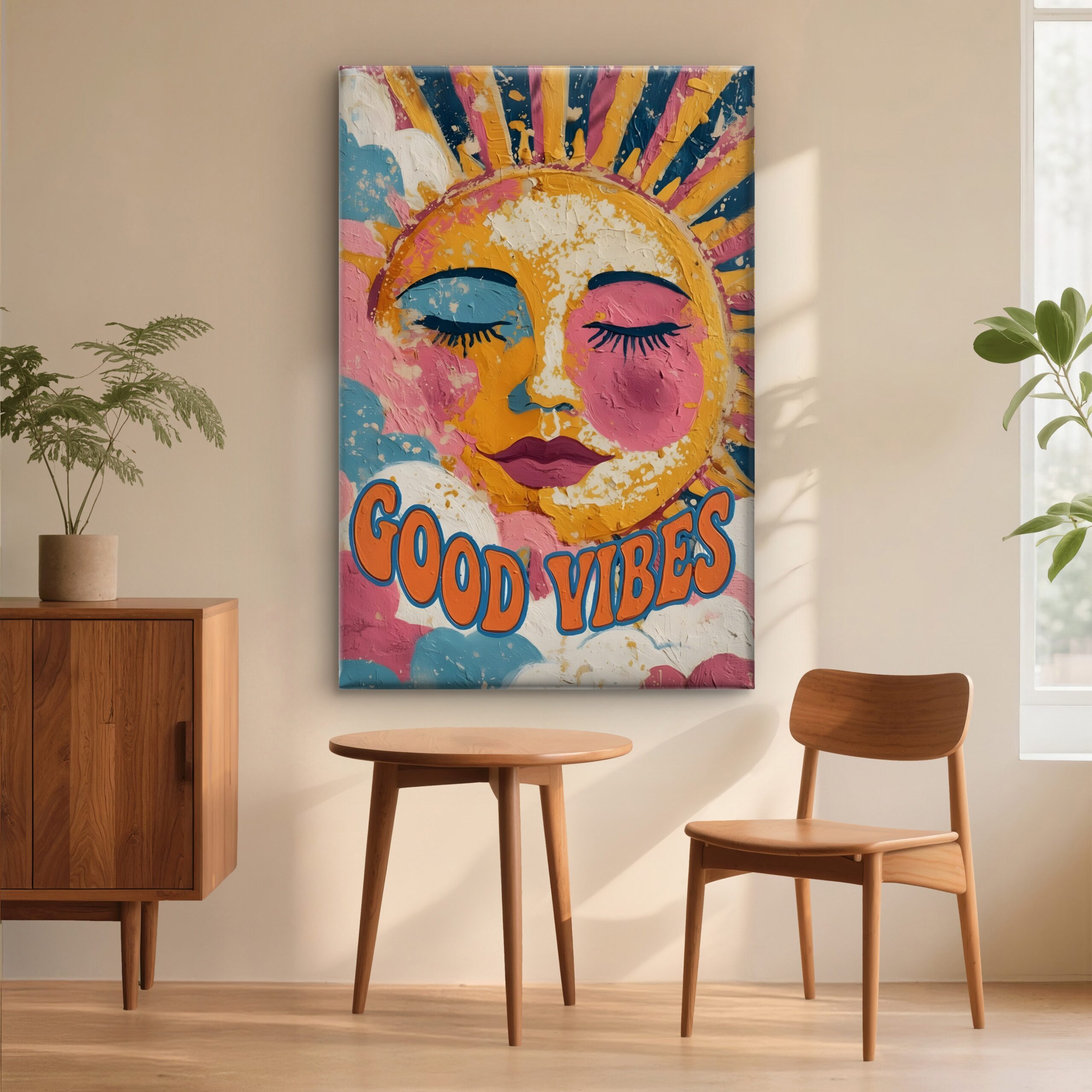 SAF Good Vibes Sun Canvas Wall Art Textured Abstract Celestial Face Painting Print Retro Boho Decor for Living Room Bedroom Colorful Positive Quote Poster Modern Home Artwork - Image 4