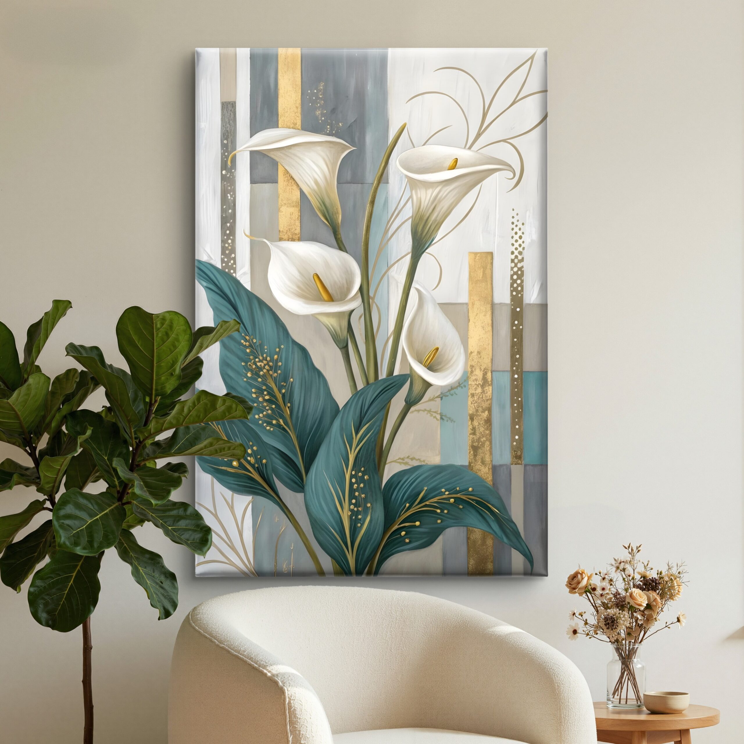 SAF Elegant White Calla Lily Canvas Wall Art Modern Abstract Floral Painting Print Teal and Gold Textured Decor for Living Room Bedroom Luxury Botanical Flower Scenery Poster - Image 4