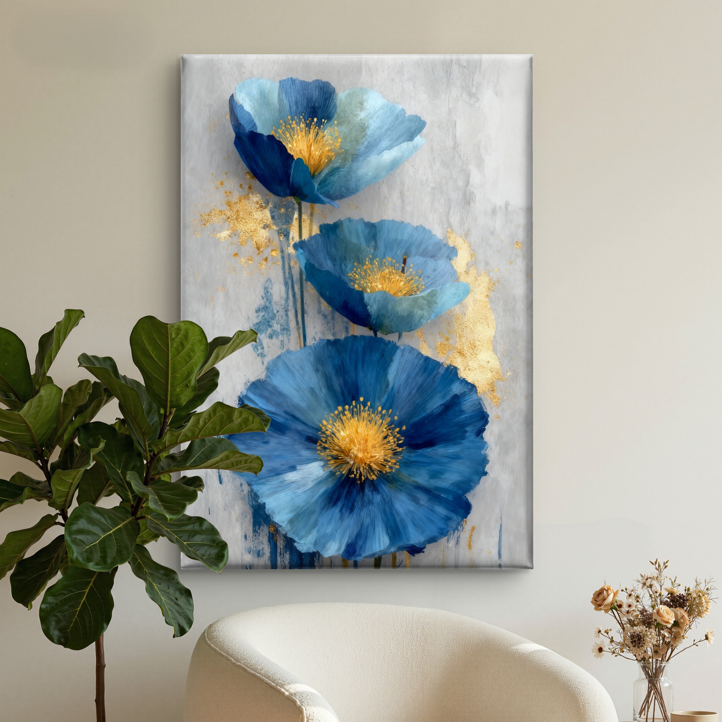 SAF Abstract Blue Poppy Canvas Wall Art Modern Floral Oil Painting Print Grey and Gold Textured Decor for Living Room Bedroom Large Botanical Flower Scenery Poster for Home - Image 4