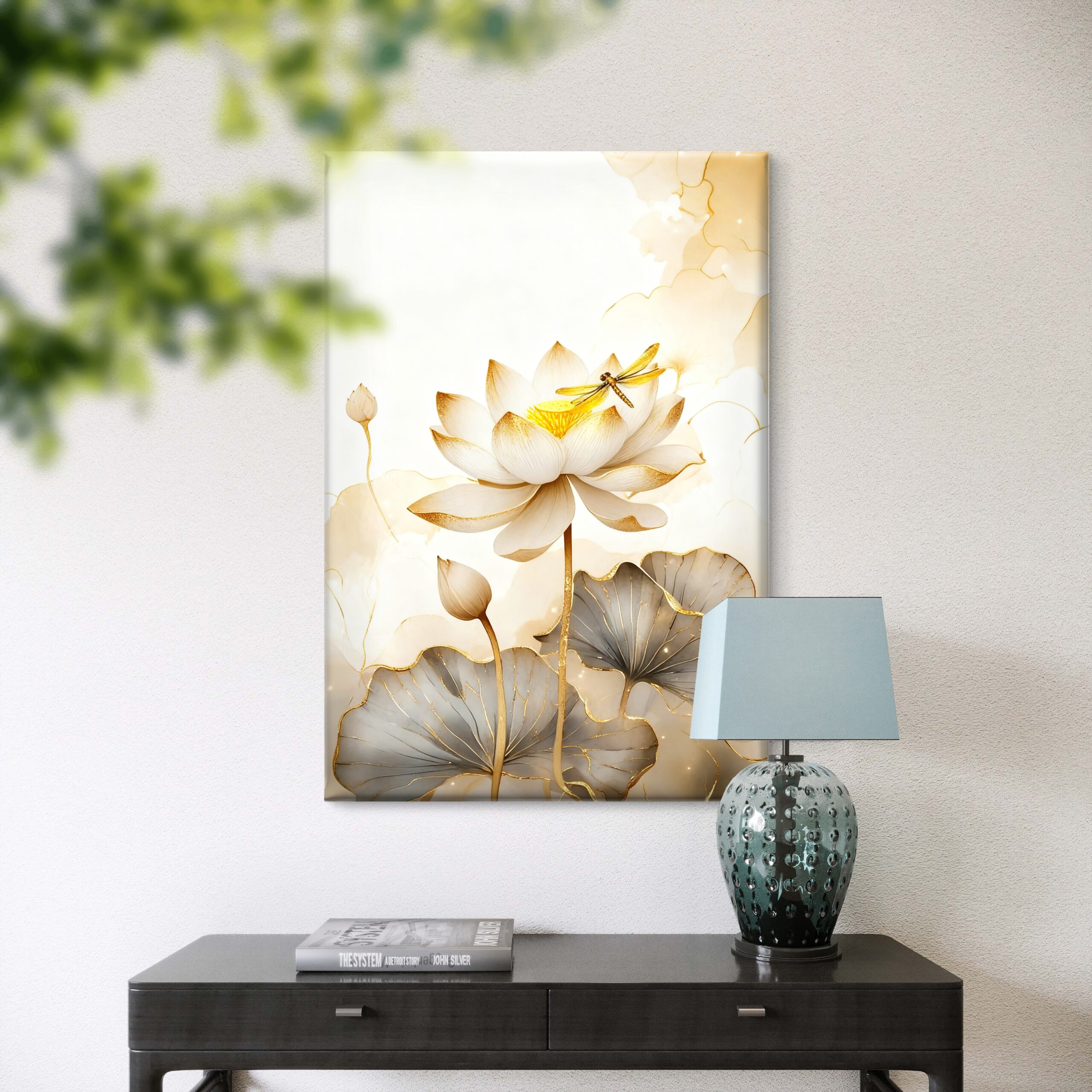 SAF Elegant White Lotus Flower Canvas Wall Art Gold Dragonfly Zen Botanical Painting Print Luxury 3D Textured Floral Decor for Living Room Bedroom Office Room Large Poster - Image 4