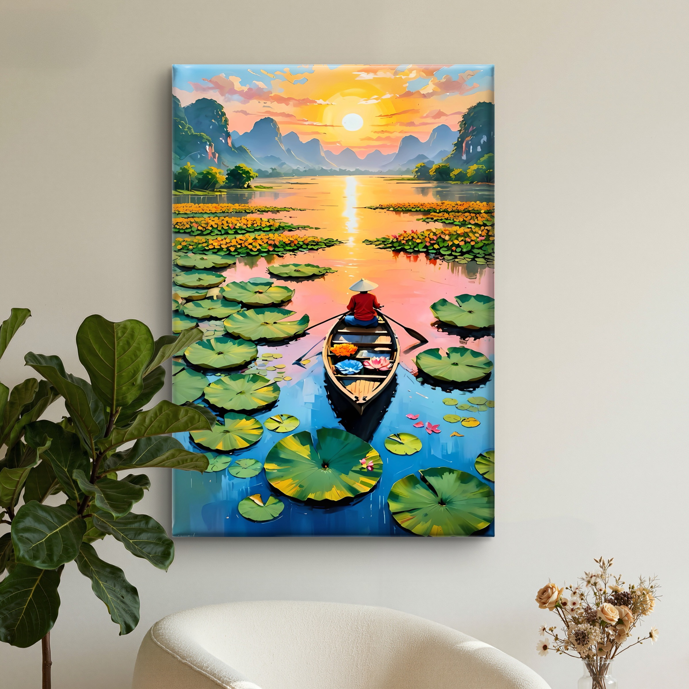 SAF Sunset Lake Boat Canvas Wall Painting | Lotus Pond Landscape Artwork HD Printed Canvas with Wooden Frame | Living Room Bedroom Aesthetic Nature Home Decor Gift - Image 4