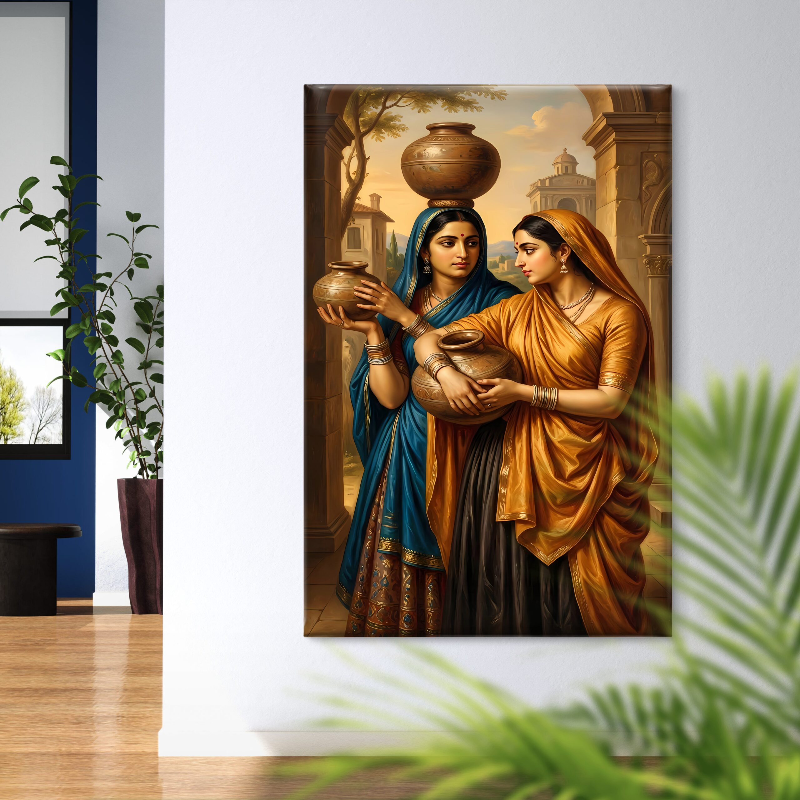 SAF Traditional Indian Women Canvas Wall Painting | Rajasthani Village Art Pot Carrying Ladies HD Printed Canvas with Wooden Frame | Living Room Bedroom Ethnic Home Decor Gift - Image 4