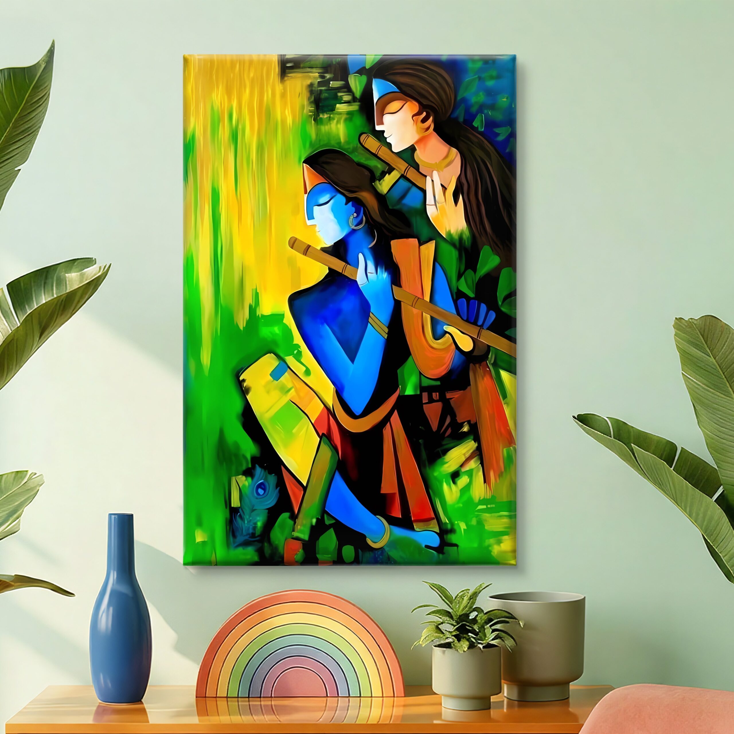 SAF Vibrant Abstract Radha Krishna Playing Flute Canvas Wall Art Modern Hindu Deity Painting Print for Living Room Bedroom Puja Room Home Decor Religious Wall Hanging Gift - Image 4