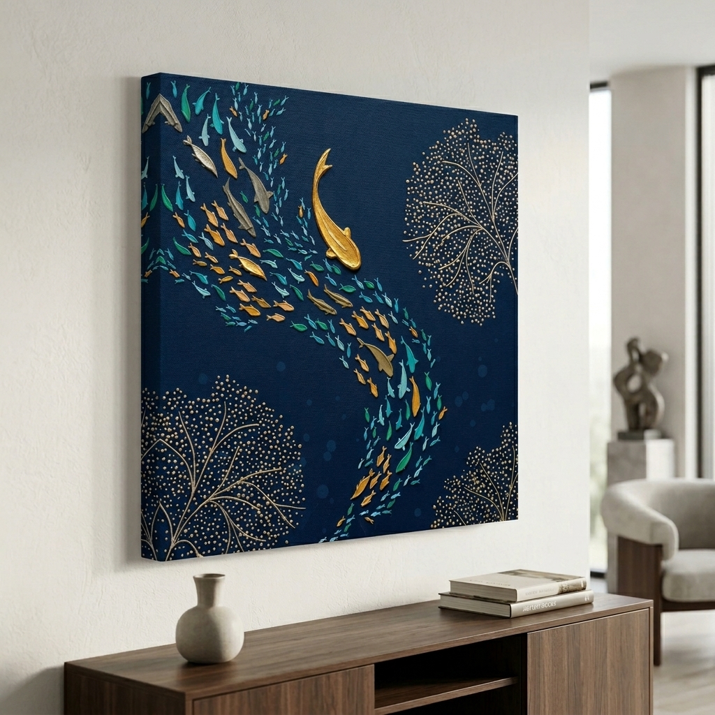 SAF Abstract Ocean Fish Canvas Painting Wall Art | Golden & Blue Marine Life Artwork for Living Room Bedroom Office Decor | Premium HD Print Modern Wall Decoration Gift Item