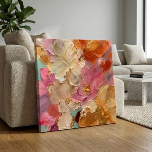 SAF Colorful Textured Floral Canvas Painting Wall Art | Pink Orange Gold Abstract Flower Artwork for Living Room Bedroom Office Decor | Premium HD Print Modern Wall Decoration Gift