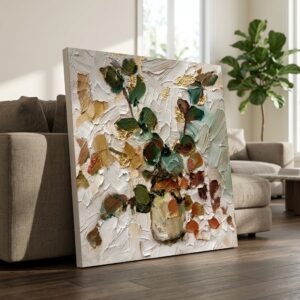SAF Textured Floral Vase Canvas Painting Wall Art | Beige Brown Abstract Flower Pot Artwork for Living Room Bedroom Office Decor | Premium HD Print Modern Wall Decoration Gift
