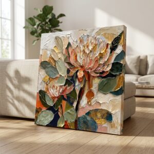 SAF Textured Floral Canvas Painting Wall Art | Beige Green Orange Abstract Flower Artwork for Living Room Bedroom Office Decor | Premium HD Print Modern Wall Decoration Gift Item