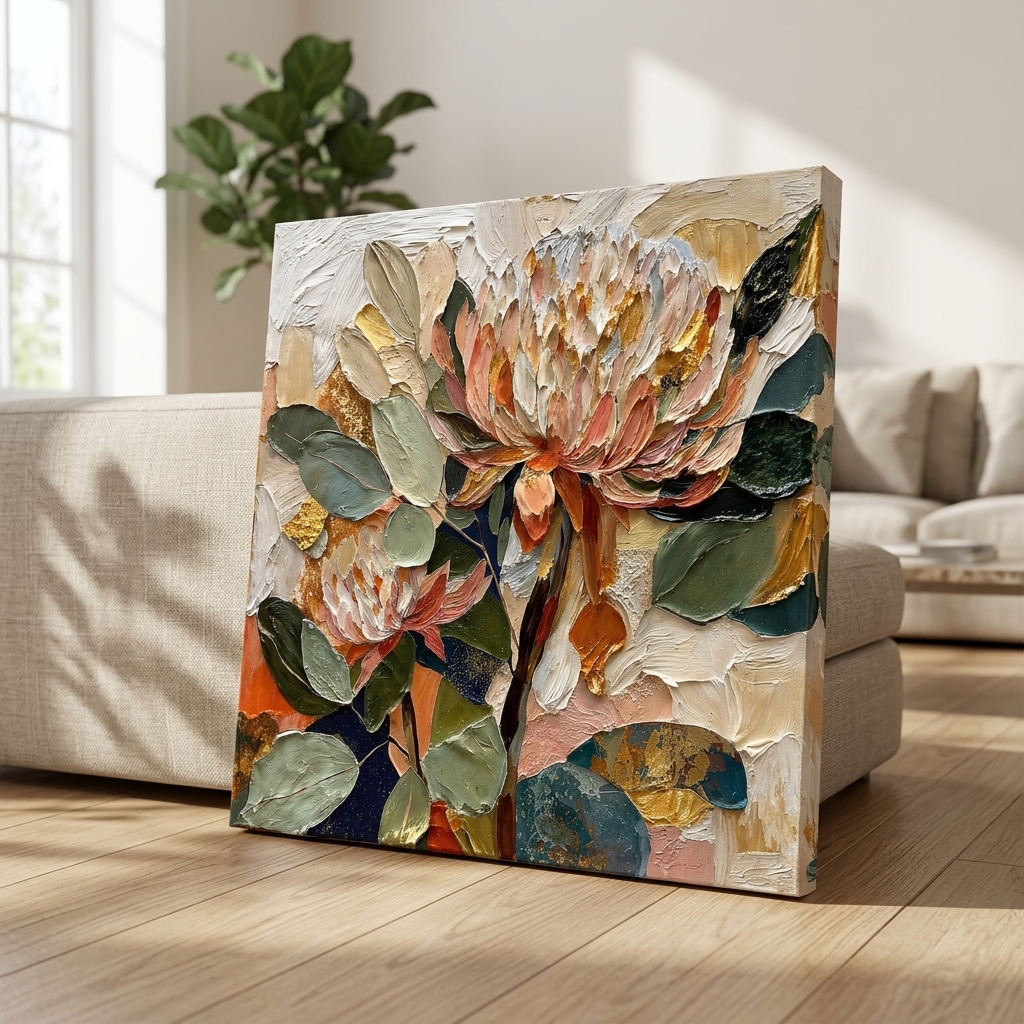 SAF Textured Floral Canvas Painting Wall Art | Beige Green Orange Abstract Flower Artwork for Living Room Bedroom Office Decor | Premium HD Print Modern Wall Decoration Gift Item