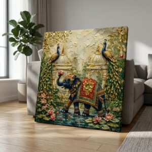 SAF Royal Elephant Canvas Painting Wall Art | Indian Palace Peacock Traditional Artwork for Living Room Bedroom Office Decor | Premium HD Print Textured Modern Wall Decoration Gift