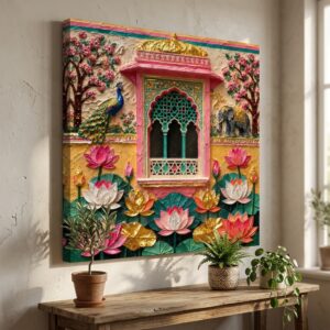 SAF Indian Palace Lotus Canvas Painting Wall Art | Peacock Elephant Traditional Floral Artwork for Living Room Bedroom Office Decor | Premium HD Print Textured Modern Wall Decoration Gift