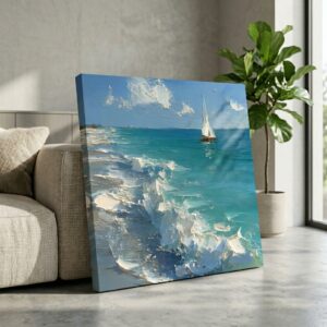SAF Seascape Canvas Painting Wall Art with Sailing Boat | Ocean Waves Beach Artwork for Living Room Bedroom Office Decor | Premium HD Print Modern Coastal Wall Decoration Gift