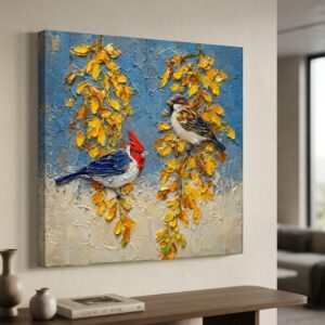 SAF Bird Floral Canvas Painting Wall Art | Colorful Sparrow with Yellow Flower Artwork for Living Room Bedroom Office Decor | Premium HD Print Textured Modern Wall Decoration Gift