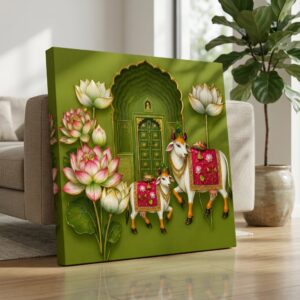 SAF Sacred Cow Canvas Painting Wall Art | Lotus Temple Traditional Indian Artwork for Living Room Bedroom Office Decor | Premium HD Print Textured Modern Wall Decoration Gift Item