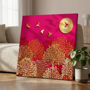 SAF Sunset Golden Trees Canvas Painting Wall Art | Pink Red Sky Birds Landscape Artwork for Living Room Bedroom Office Decor | Premium HD Print Modern Wall Decoration Gift Item