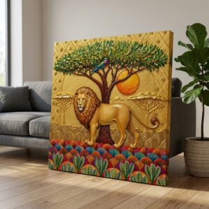 SAF Lion Tree Canvas Painting Wall Art | Golden Safari Wildlife Sun Nature Artwork for Living Room Bedroom Office Decor | Premium HD Print Textured Modern Wall Decoration Gift