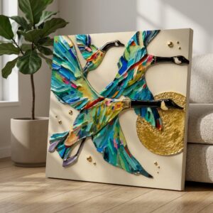 SAF Abstract Flying Birds Canvas Painting Wall Art | Colorful Swan Bird Gold Sun Artwork for Living Room Bedroom Office Decor | Premium HD Print Textured Modern Wall Decoration Gift
