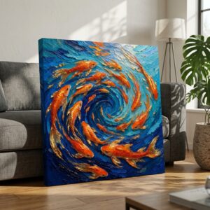 SAF Koi Fish Swirl Canvas Painting Wall Art | Blue Ocean Gold Fish Abstract Nature Artwork for Living Room Bedroom Office Decor | Premium HD Print Textured Modern Wall Decoration Gift