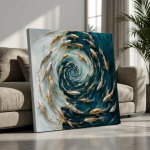 SAF Gold Koi Fish Swirl Canvas Painting Wall Art | Blue Abstract Ocean Luxury Artwork for Living Room Bedroom Office Decor | Premium HD Print Textured Modern Wall Decoration Gift