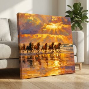 SAF Running Horses Sunset Canvas Painting Wall Art | Golden Beach Seascape Horse Artwork for Living Room Bedroom Office Decor | Premium HD Print Modern Wall Decoration Gift