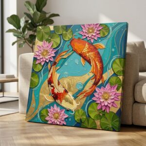 SAF Koi Fish Lotus Canvas Painting Wall Art | Colorful Gold Fish Pond Nature Artwork for Living Room Bedroom Office Decor | Premium HD Print Textured Modern Wall Decoration Gift