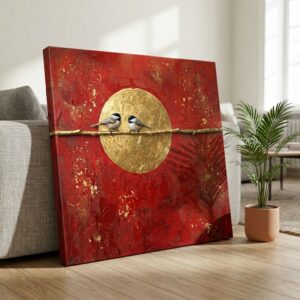 SAF Red Gold Birds Canvas Painting Wall Art | Abstract Sparrow Couple Branch Artwork for Living Room Bedroom Office Decor | Premium HD Print Textured Modern Wall Decoration Gift