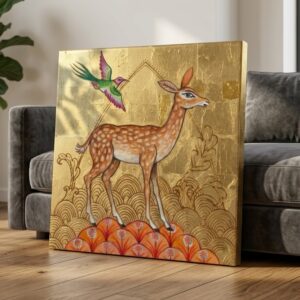 SAF Deer Hummingbird Canvas Painting Wall Art | Golden Nature Wildlife Abstract Artwork for Living Room Bedroom Office Decor | Premium HD Print Textured Modern Wall Decoration Gift