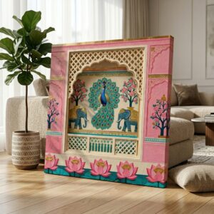 SAF Peacock Palace Canvas Painting Wall Art | Royal Indian Elephant Lotus Window Artwork for Living Room Bedroom Office Decor | Premium HD Print Textured Modern Wall Decoration Gift