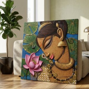 SAF Indian Lady Lotus Canvas Painting Wall Art | Traditional Ethnic Woman Portrait with Floral Design | Premium HD Printed Textured Artwork for Living Room Bedroom Office Home Decor Gift