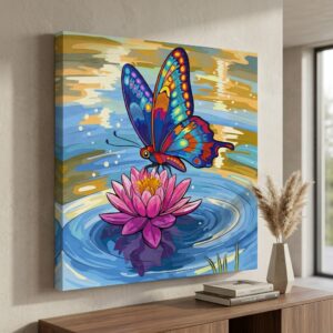 SAF Colorful Butterfly Lotus Canvas Painting Wall Art | Vibrant Nature Inspired Artwork with Water Ripple Effect | Premium HD Printed Decorative Canvas for Living Room Bedroom Office Decor