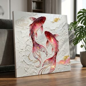 SAF Koi Fish Canvas Painting Wall Art | Red Gold Feng Shui Fish Artwork for Living Room Bedroom Office Decor | Premium HD Print Textured Modern Wall Decoration Gift Item