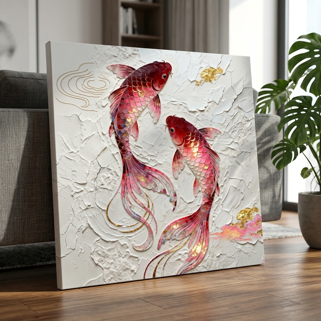 SAF Koi Fish Canvas Painting Wall Art | Red Gold Feng Shui Fish Artwork for Living Room Bedroom Office Decor | Premium HD Print Textured Modern Wall Decoration Gift Item