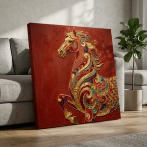 SAF Decorative Horse Canvas Painting Wall Art | Red Background Golden Emboss Style Horse Artwork for Living Room Bedroom Office Decor | Premium HD Print Modern Wall Decoration Gift