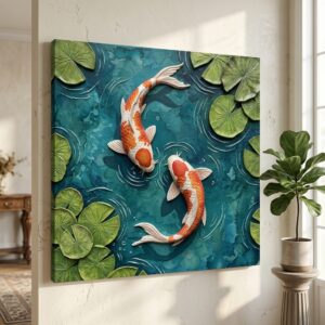 SAF Koi Fish Pond Canvas Painting Wall Art | Water Lily Leaves Feng Shui Fish Artwork for Living Room Bedroom Office Decor | Premium HD Print Modern Wall Decoration Gift Item