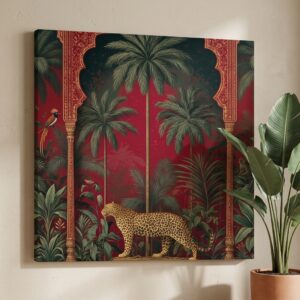 SAF Leopard Jungle Canvas Painting Wall Art | Tropical Palm Tree Red Background Wildlife Artwork for Living Room Bedroom Office Decor | Premium HD Print Modern Wall Decoration Gift