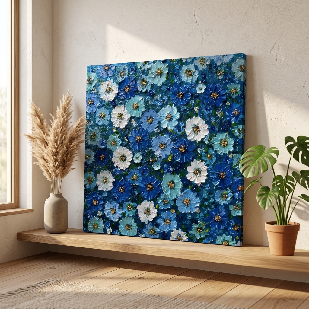 SAF Blue Floral Canvas Painting Wall Art | Abstract Flower Pattern Artwork for Living Room Bedroom Office Decor | Premium HD Print Modern Wall Decoration Aesthetic Gift Item