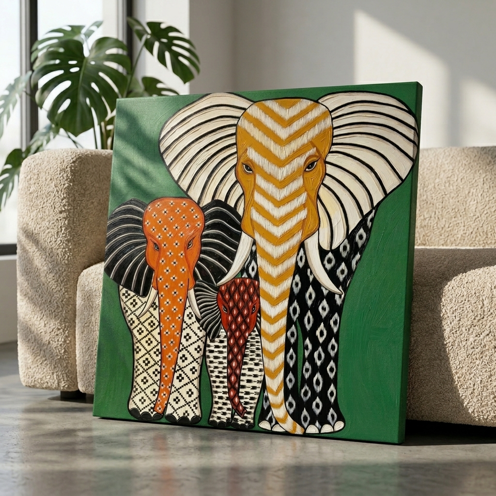 SAF Modern Elephant Family Canvas Painting Wall Art | Abstract Boho Animal Artwork for Living Room Bedroom Office Decor | Premium HD Print Ready to Hang Home Decoration Gift