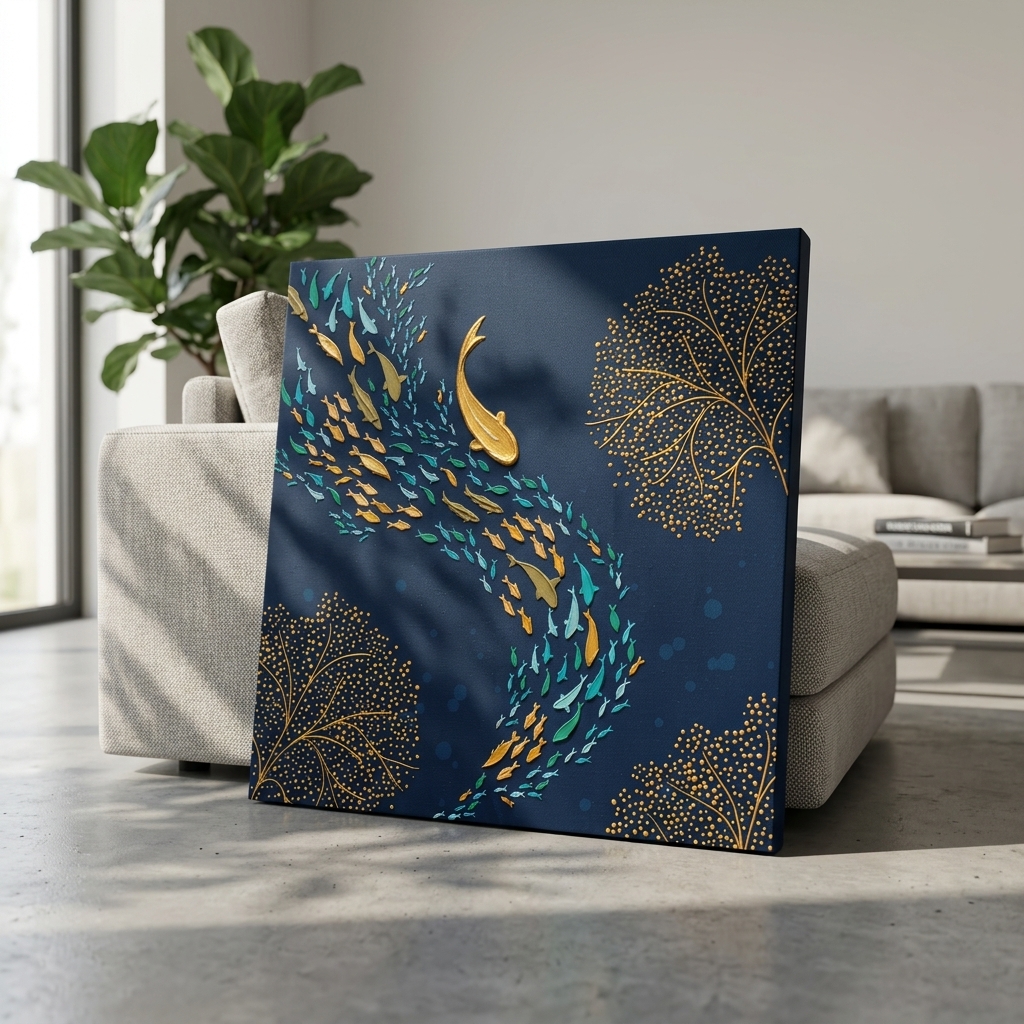 SAF Abstract Ocean Fish Canvas Painting Wall Art | Golden & Blue Marine Life Artwork for Living Room Bedroom Office Decor | Premium HD Print Modern Wall Decoration Gift Item - Image 2