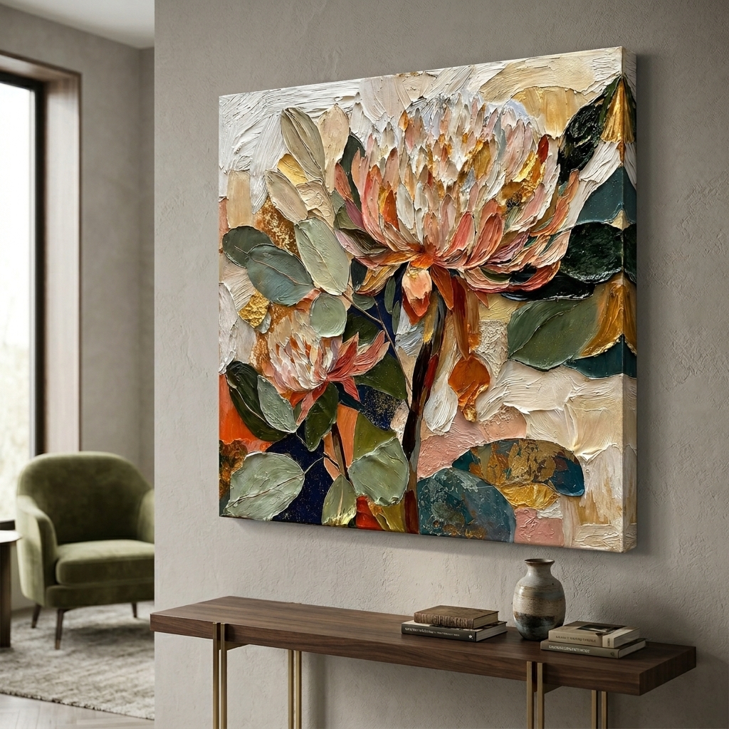 SAF Textured Floral Canvas Painting Wall Art | Beige Green Orange Abstract Flower Artwork for Living Room Bedroom Office Decor | Premium HD Print Modern Wall Decoration Gift Item - Image 2