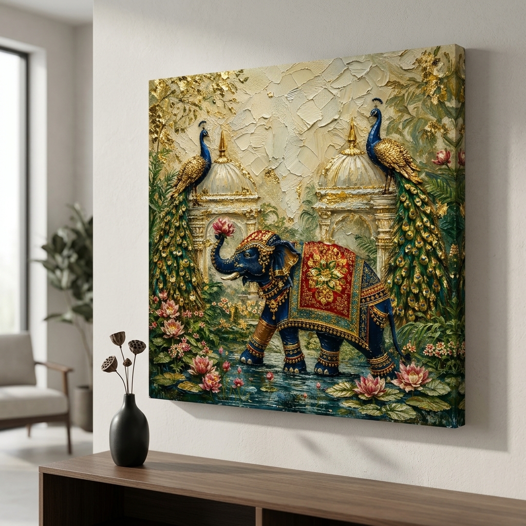 SAF Royal Elephant Canvas Painting Wall Art | Indian Palace Peacock Traditional Artwork for Living Room Bedroom Office Decor | Premium HD Print Textured Modern Wall Decoration Gift - Image 2