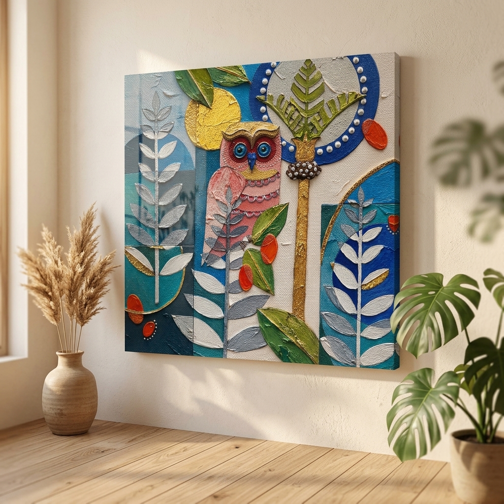 SAF Owl Abstract Canvas Painting Wall Art | Modern Bird Leaves Geometric Artwork for Living Room Bedroom Office Decor | Premium HD Print Textured Modern Wall Decoration Gift - Image 2